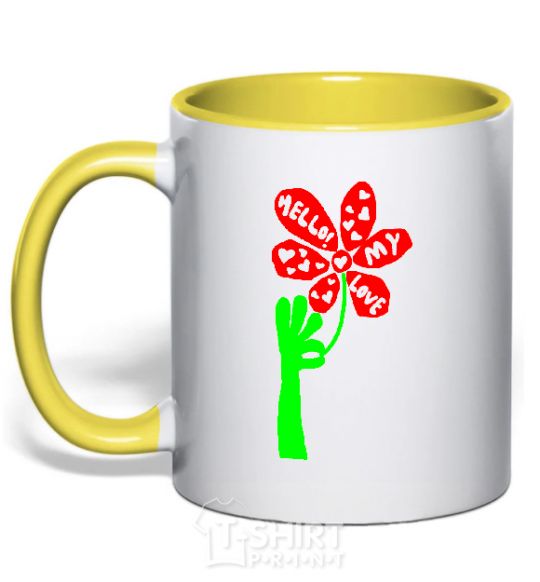 Mug with a colored handle HELLO! MY LOVE yellow фото