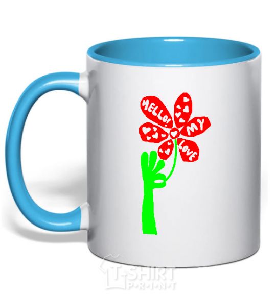 Mug with a colored handle HELLO! MY LOVE sky-blue фото