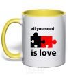 Mug with a colored handle ALL YOU NEED IS LOVE Puzzle yellow фото