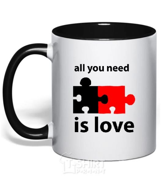 Mug with a colored handle ALL YOU NEED IS LOVE Puzzle black фото