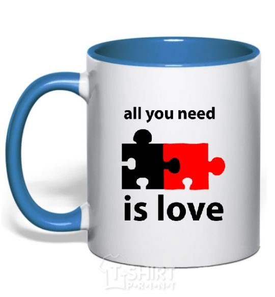 Mug with a colored handle ALL YOU NEED IS LOVE Puzzle royal-blue фото