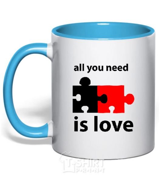 Mug with a colored handle ALL YOU NEED IS LOVE Puzzle sky-blue фото