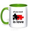 Mug with a colored handle ALL YOU NEED IS LOVE Puzzle kelly-green фото