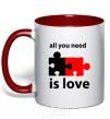 Mug with a colored handle ALL YOU NEED IS LOVE Puzzle red фото