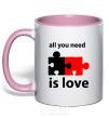 Mug with a colored handle ALL YOU NEED IS LOVE Puzzle light-pink фото