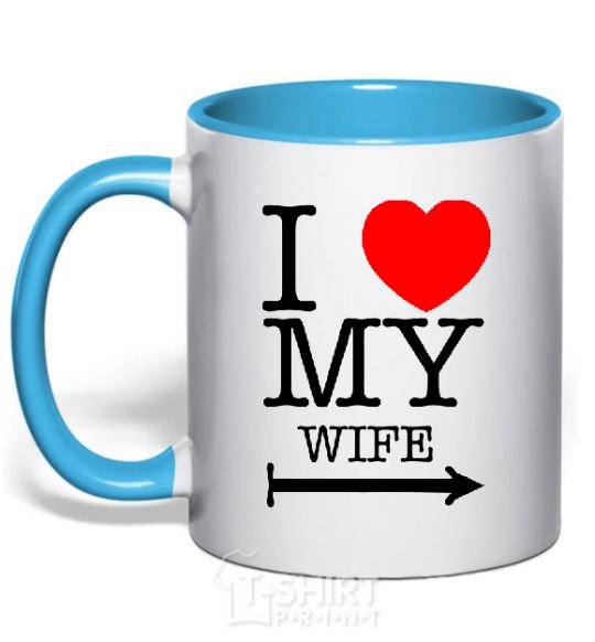Mug with a colored handle I love my wife sky-blue фото