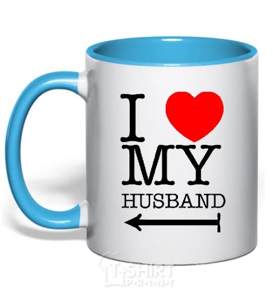 Mug with a colored handle I love my husband sky-blue фото