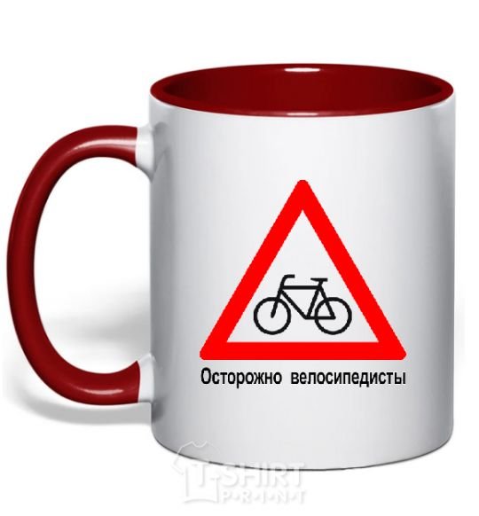 Mug with a colored handle WATCH OUT FOR BICYCLISTS! red фото