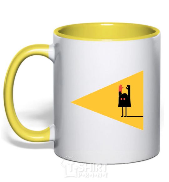 Mug with a colored handle HANDS OFF yellow фото