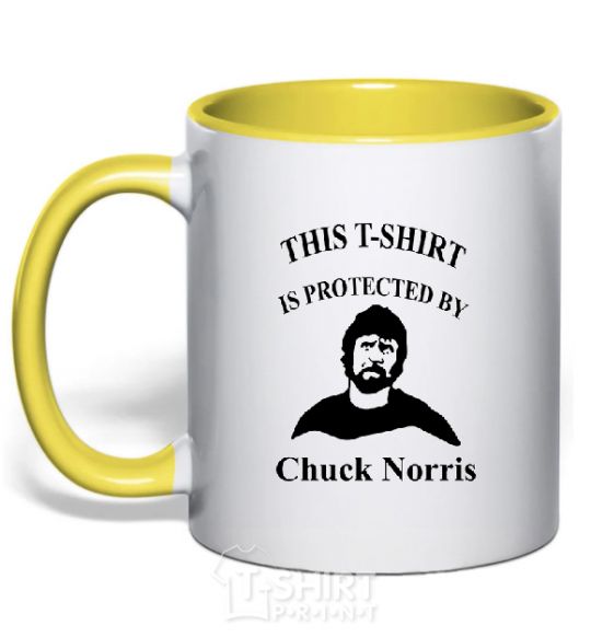 Mug with a colored handle ... PROTECTED BY CHUCK NORRIS yellow фото