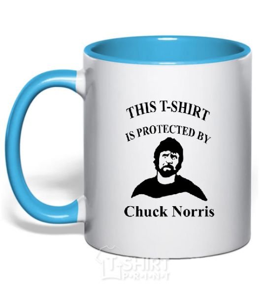 Mug with a colored handle ... PROTECTED BY CHUCK NORRIS sky-blue фото