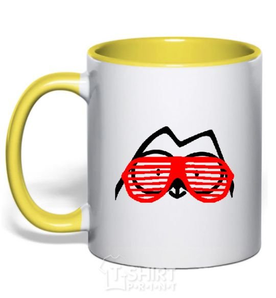 Mug with a colored handle SIMON'S CAT with glasses yellow фото