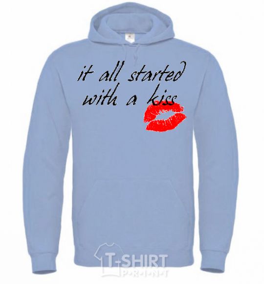 Men`s hoodie IT ALL STARTED WITH A KISS sky-blue фото