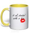 Mug with a colored handle IT ALL STARTED WITH A KISS yellow фото
