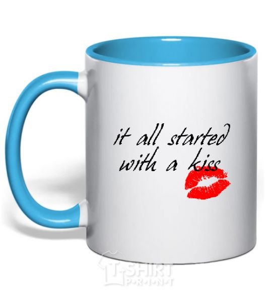 Mug with a colored handle IT ALL STARTED WITH A KISS sky-blue фото