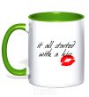 Mug with a colored handle IT ALL STARTED WITH A KISS kelly-green фото