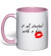 Mug with a colored handle IT ALL STARTED WITH A KISS light-pink фото