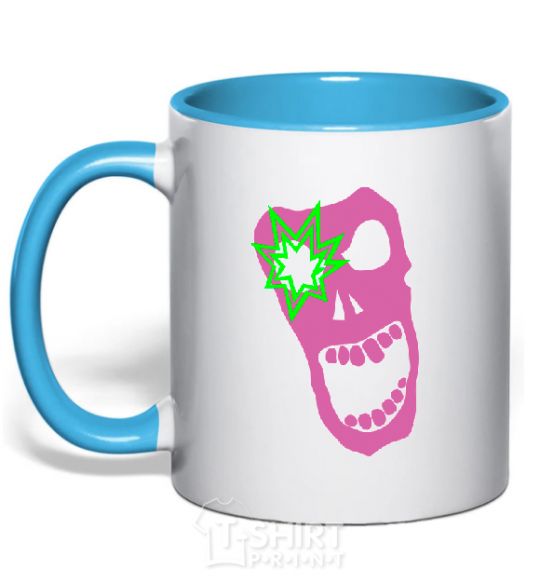 Mug with a colored handle PINK SKULL sky-blue фото