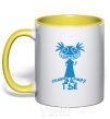 Mug with a colored handle TELL THE WORLD TO GO! yellow фото