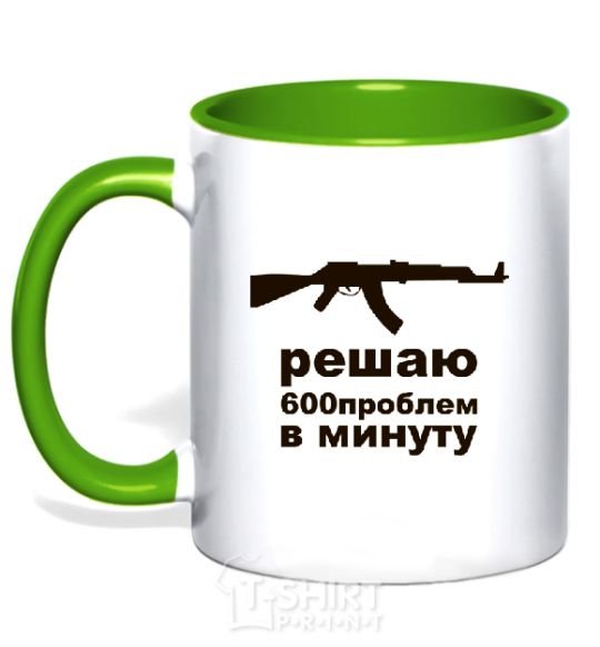 Mug with a colored handle SOLVING 600 PROBLEMS A MINUTE kelly-green фото