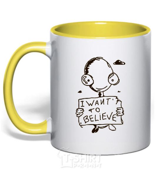 Mug with a colored handle I WANT TO BELIEVE yellow фото