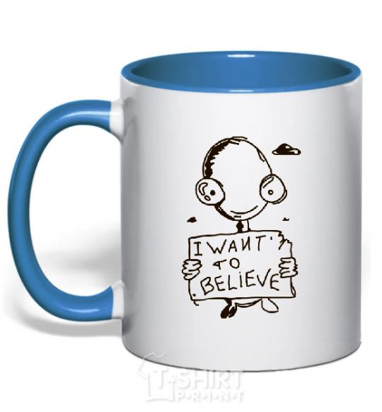 Mug with a colored handle I WANT TO BELIEVE royal-blue фото