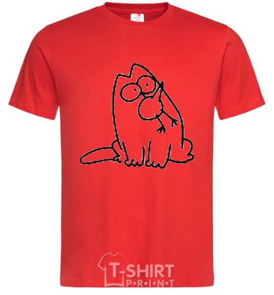 Men's T-Shirt SIMON'S CAT with a bird in his mouth red фото