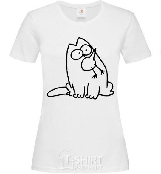 Women's T-shirt SIMON'S CAT with a bird in his mouth White фото