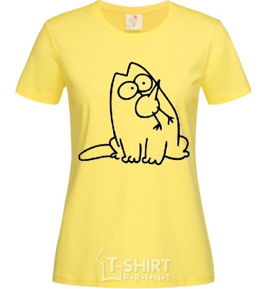 Women's T-shirt SIMON'S CAT with a bird in his mouth cornsilk фото