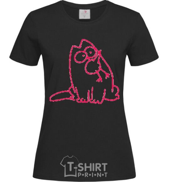 Women's T-shirt SIMON'S CAT with a bird in his mouth black фото