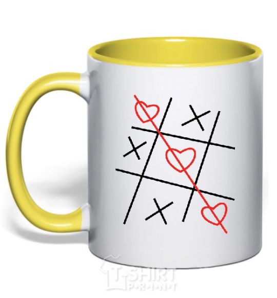 Mug with a colored handle TIC-TAC-TOE yellow фото