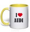 Mug with a colored handle I LOVE AUDI inscription yellow фото
