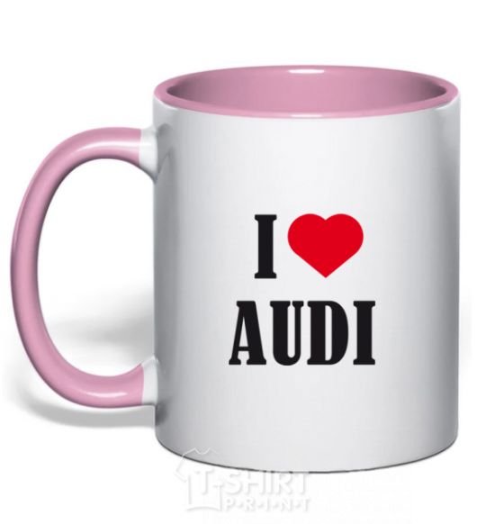 Mug with a colored handle I LOVE AUDI inscription light-pink фото