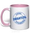 Mug with a colored handle A lover of beer and fishing light-pink фото