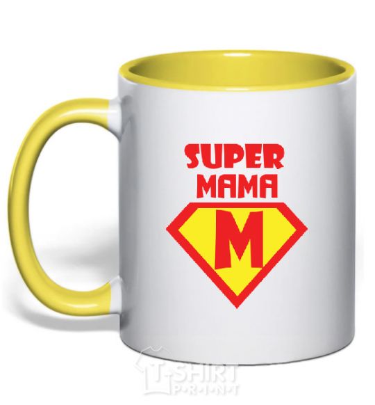 Mug with a colored handle SUPER MAMA yellow фото