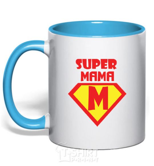 Mug with a colored handle SUPER MAMA sky-blue фото