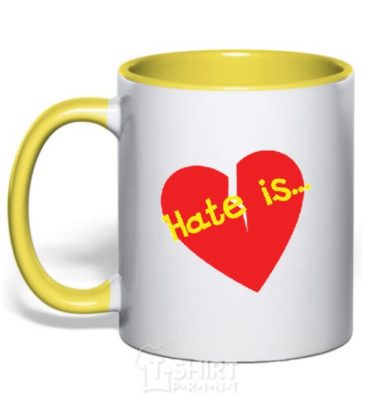 Mug with a colored handle HATE IS yellow фото