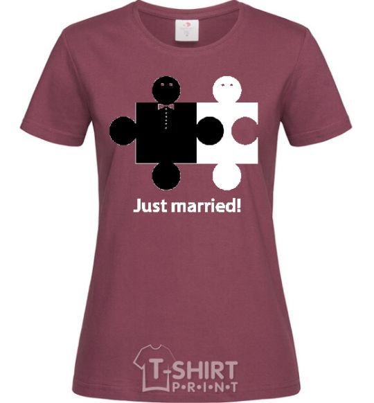 Women's T-shirt JUST MARRIED PUZZLE burgundy фото