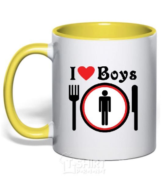 Mug with a colored handle I LOVE BOYS yellow фото