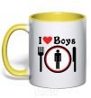 Mug with a colored handle I LOVE BOYS yellow фото