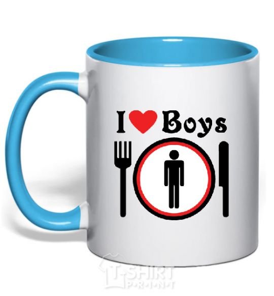 Mug with a colored handle I LOVE BOYS sky-blue фото