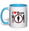 Mug with a colored handle I LOVE BOYS sky-blue фото