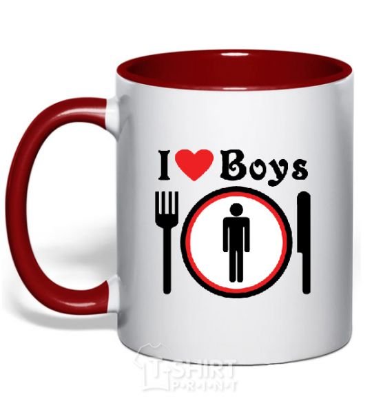 Mug with a colored handle I LOVE BOYS red фото