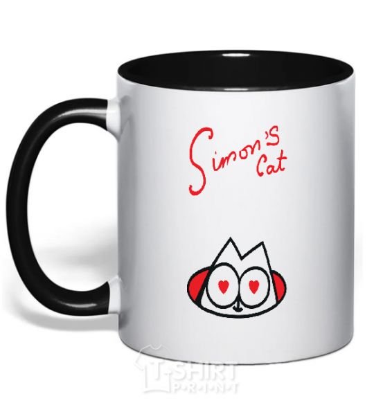 Mug with a colored handle SIMON'S CAT inscription black фото