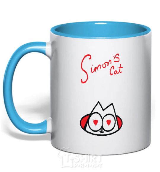 Mug with a colored handle SIMON'S CAT inscription sky-blue фото