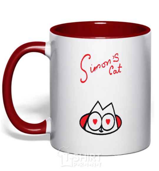 Mug with a colored handle SIMON'S CAT inscription red фото