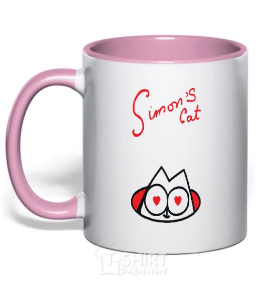 Mug with a colored handle SIMON'S CAT inscription light-pink фото