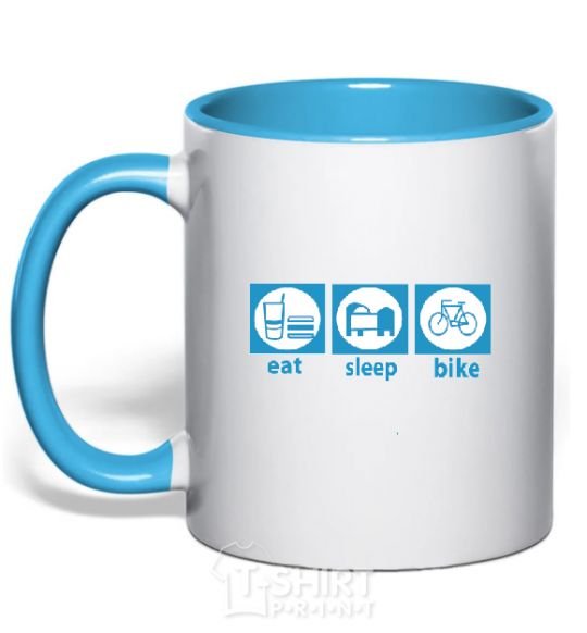 Mug with a colored handle EAT, SLEEP, BIKE sky-blue фото