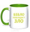 Mug with a colored handle EVIL TRIUMPHS OVER MONEY kelly-green фото
