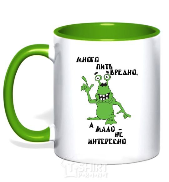 Mug with a colored handle Drinking a lot is harmful, and drinking a little is not interesting kelly-green фото